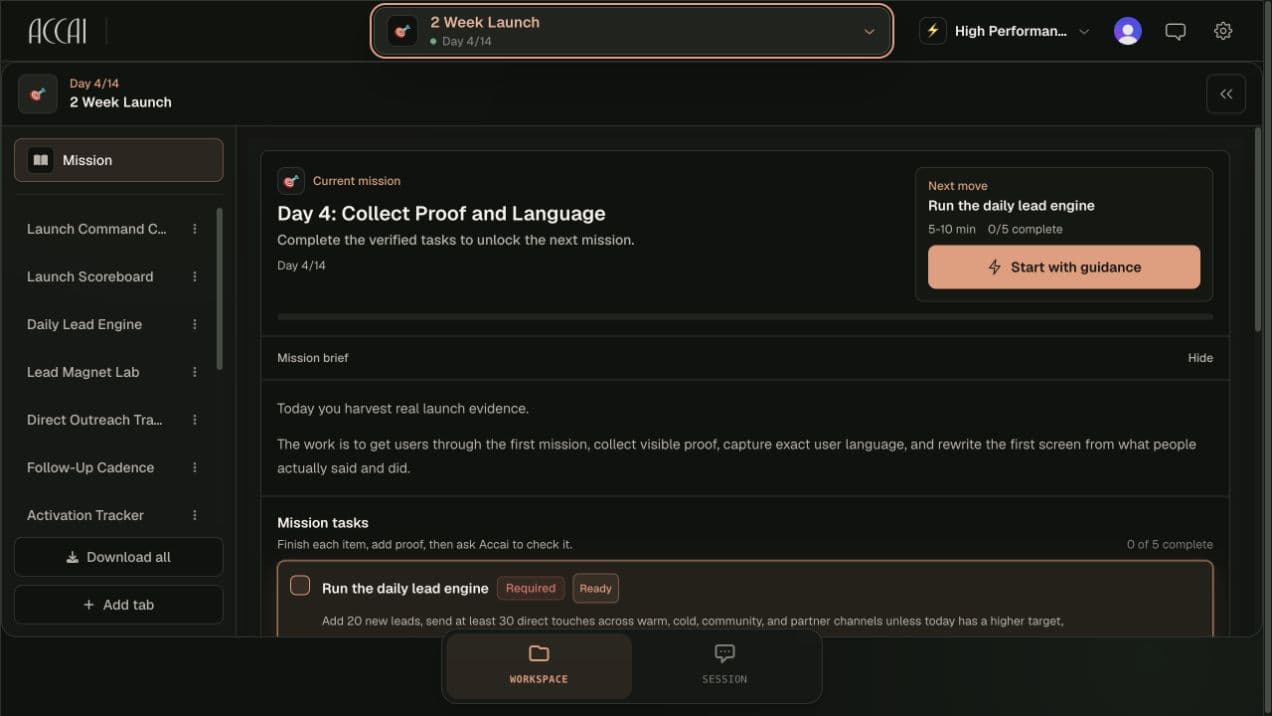 Redesigned Accai workspace showing a current mission, next move, and proof-based tasks